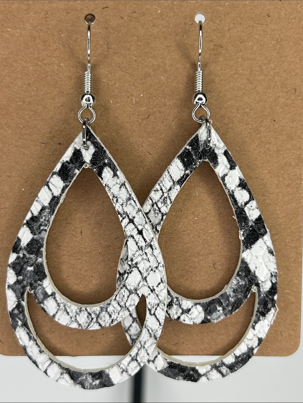 Black & White Snake-Print Teardrop Faux Leather Earrings